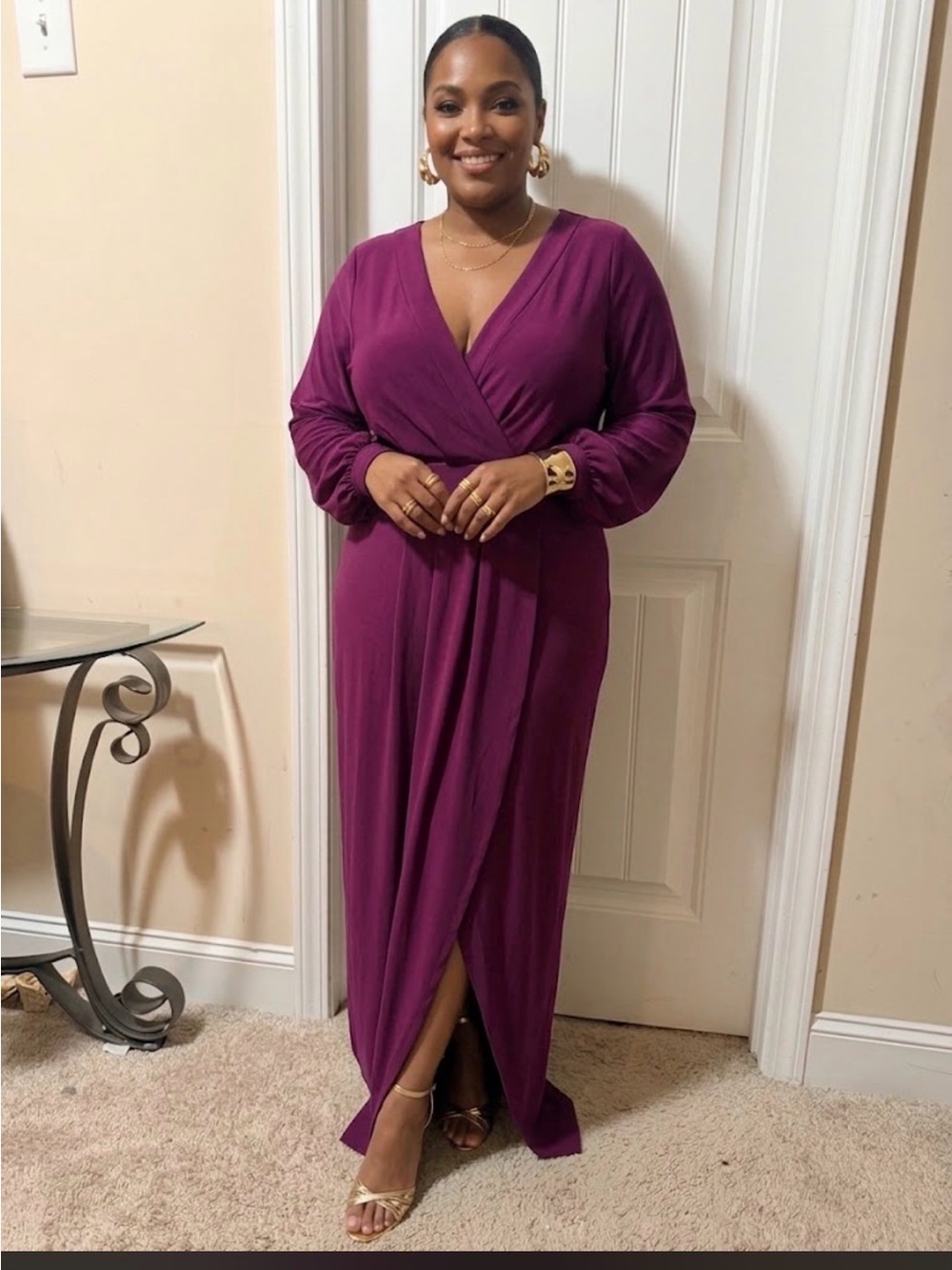 Deep Magenta Long Sleeve V-Neck Wrap Maxi Dress